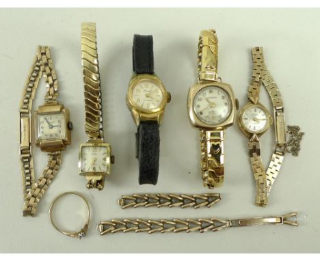 A lady's Rotary gold cased wristwatch with a 9ct gold strap, three further lady's wristwatches, a wristwatch on black strap, 