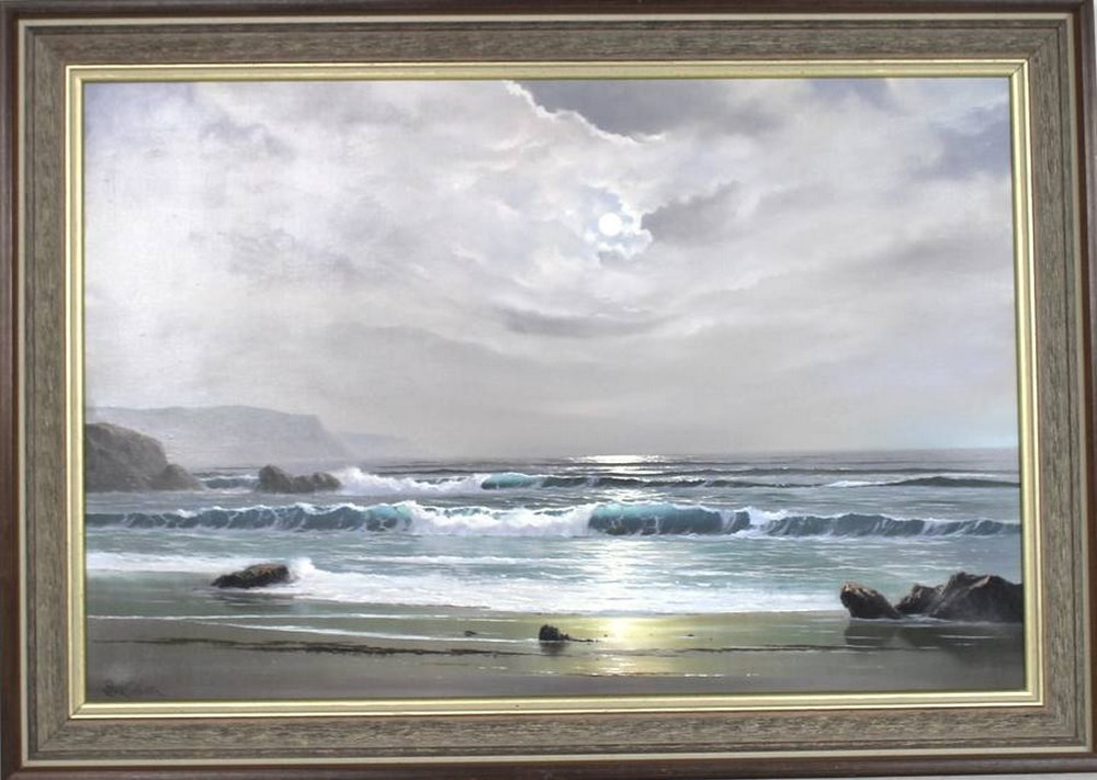 Peter Cosslett a contemporary seascape in the moonlight, oil on canvas
