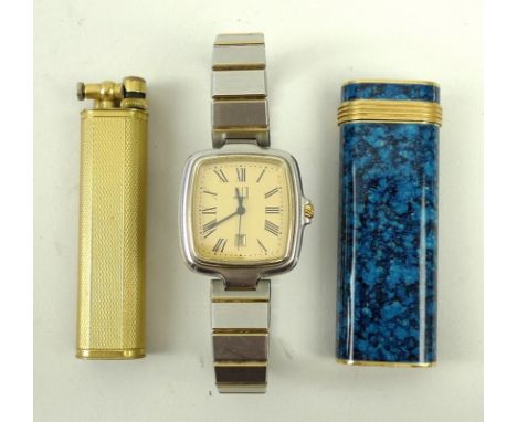 A Cartier blue enamel lighter, with marbled body, cased, a Dunhill lighter, and stainless steel wristwatch, the square champa