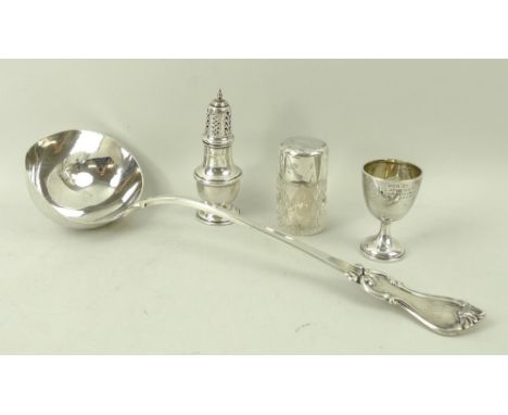 A Victorian silver ladle, London 1843, maker's mark indistinct, egg cup, Birmingham 1922, JG Ltd for J Gloster Ltd, engraved 