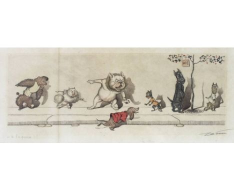 Boris O. Klein (Russian, 1893-1985): 'A La Queue', a hand coloured engraving, title and signature in pencil in the lower marg