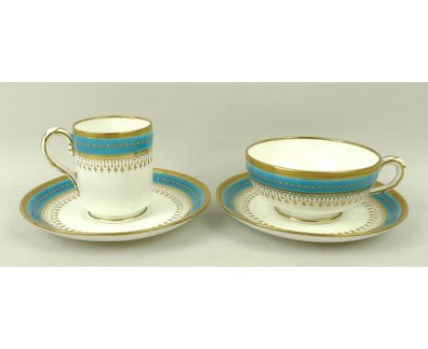 A 19th century Mintons part tea and coffee service, decorated with a turquoise band with gilt detailing against a white groun