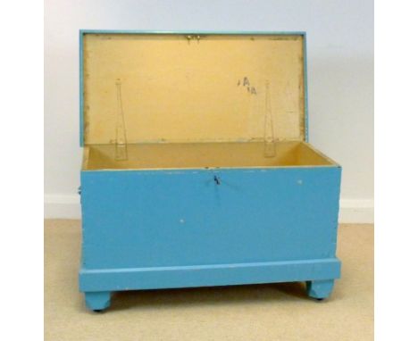 An early 20th century pine blanket chest, painted light blue and the interior painted cream, 94 by 48 by 55cm high.