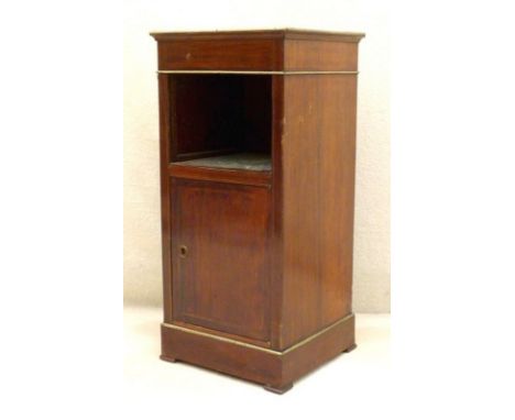 A 19th century mahogany marble topped bedside cabinet with brass fittings, lower shelf over a cupboard door with single shelf