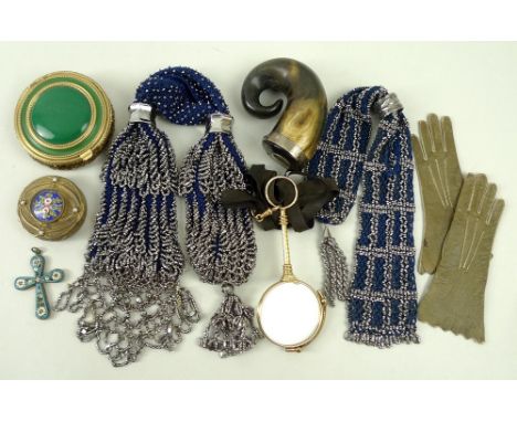 A snuff mull, 19th century, two blue and white metal miser's purses, a brass powder compact with enamel floral detail to lid,