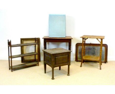 A quantity of furniture, comprising a set of bamboo shelves, a bamboo side table, a Lloyd Loom style linen basket, painted bl