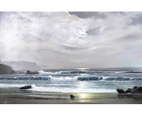 Peter Cosslett: a contemporary seascape in the moonlight, oil on canvas, signed lower left, 50 by 78cm.