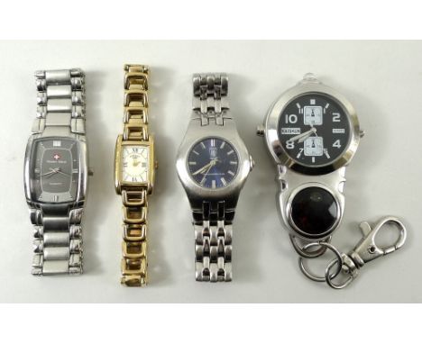 A collection of watches comprising a Montre Suisse Quartz wristwatch, the rectangular face with block numerals at the quarter
