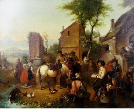 Circle of Philip Wouwerman (Dutch, 1619-1668): a 17th century Dutch School study of riders and horses in a courtyard, oil on 