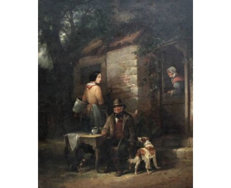 Attributed to William Shayer Senior (British, 1787-1879): The Cottage Door, with three figures, the gentleman seated with a c