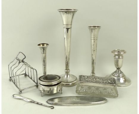 A group of silver items comprising three graduated bud vases, 12 to 21cm, a faux tortoiseshell and silver trinket box, a toas
