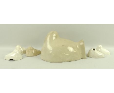 A Spode pheasant jelly mould, 18th century, 21 by 15 by 13cm, and five chick moulds, 8 by 5 by 5cm. (6)
