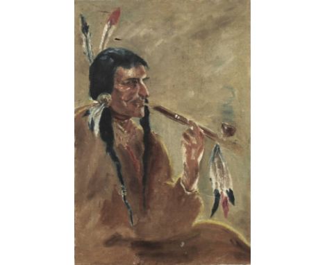 A native Red Indian with peace pipe, unsigned, oil on canvas, 46 by 30cm.