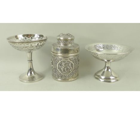 A bon bon dish, Birmingham 1926, 13 by 9cm, a sweet dish, Birmingham 1911, loaded base, 10 by 11cm, and an unmarked Indian si