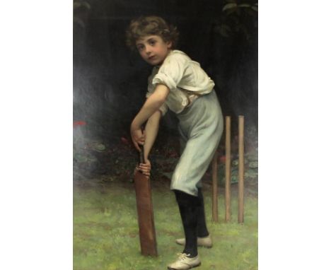 A Victorian 'Pears' print of a young boy with cricket bat at the wicket, wearing light blue breeches and black hose, 73 by 52