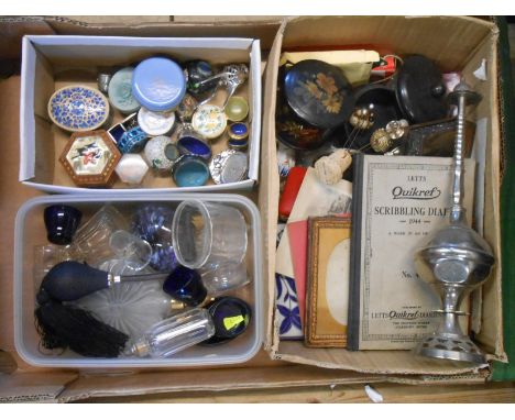 A box containing a quantity of glassware and other collectable items including Krummels and other enamel trinket boxes, colle
