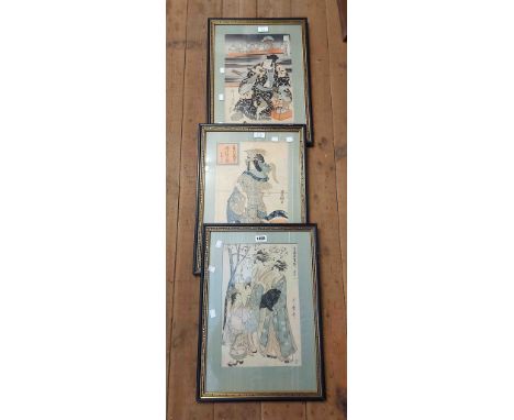 Two matching framed Japanese Osaka School wood block prints, depicting Kabuki actors - details verso - sold with another, dep