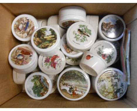 A box containing a large quantity of ceramic gentlemens' relish lidded pots