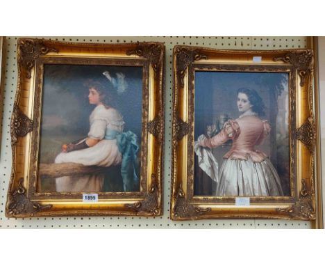 A pair of ornate gilt framed reproduction coloured portrait prints on canvas with craquelure finish