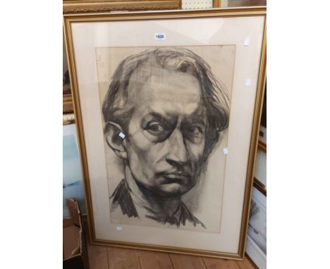 Dudley Holland: a gilt framed charcoal portrait of a gentleman's head - 75cm X 50cm