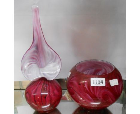 An Our Glass Torquay Art Glass vase of 'Jack-in-the-Pulpit' style with internal red enamel decoration - sold with a similar v