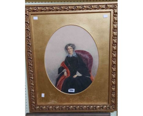 A gilt framed and slipped hand finished portrait of a seated Victorian lady - sold with a gilt framed coloured print, depicti