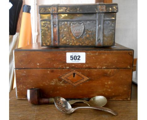 An old mixed wood and strung lift-top work box - sold with a brass clad tea caddy containing a briar wood pipe etc.