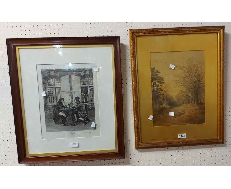 A. Fisher: a gilt framed and slipped watercolour, depicting a woodland track - signed - sold with a framed monochrome print, 