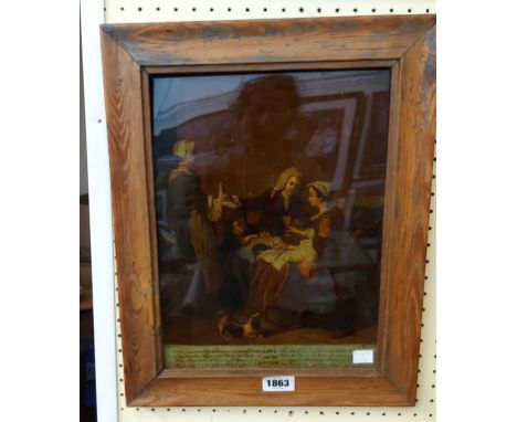 An antique pine framed crystoleum coloured print entitled 'Love and the Bottle' with text under - 33cm X 25cm