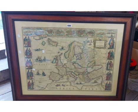 A framed vintage large format coloured map reprint of Europe and Part of Africa (Latin text), with decorative border