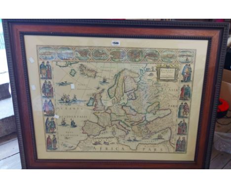 A framed vintage large format coloured map reprint of Europe and Part of Africa (Latin text), with decorative border