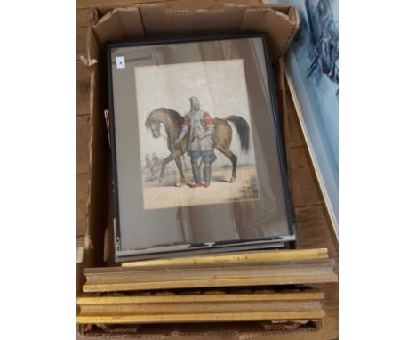 A box containing a selection of framed coloured prints - various artists and subject