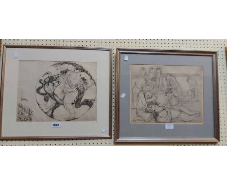 Dudley Holland: two framed monochrome prints, one depicting a grotesque figure titled in the image 'Greeting', the other a gr