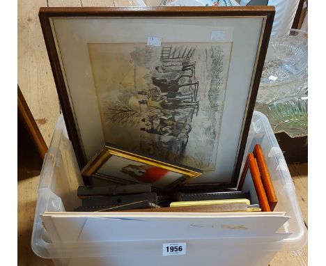A crate containing a selection of mainly framed prints and other works - various artists and subject
