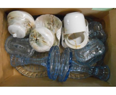 A box containing a small quantity of ceramic and glass including blue pressed glass dressing table set, etc.