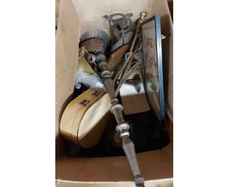 A box containing a quantity of collectable items including carriage clock, 1950`s Royal sampler, etc.