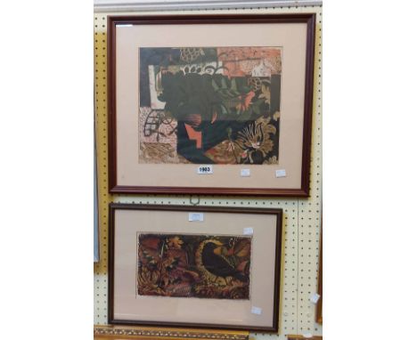 Dudley Holland: two framed vintage polychrome prints, one an abstract, the other entitled 'Starling' - signed in pencil, titl