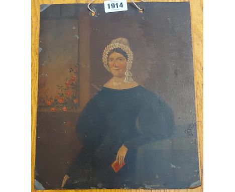 An unframed 19th Century oil portrait of a woman on copper panel - pencil details verso dated 1834 - drilled - 31cm X 26cm