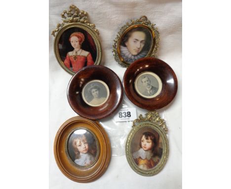 A bag containing a quantity of portrait miniature prints and photographs, in ornate gilt brass and turned wooden frames