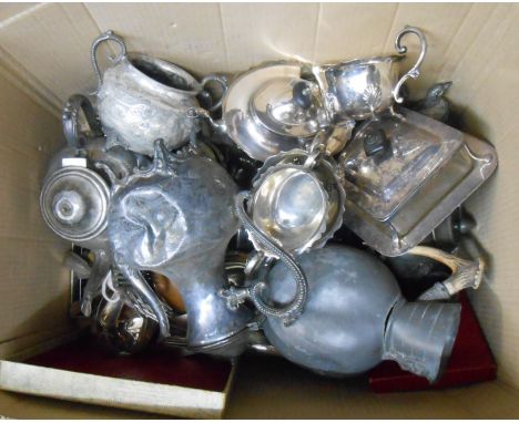 A box containing a quantity of silver plated items including a four piece tea set, butter dich, sugar dish with spoon, a pair