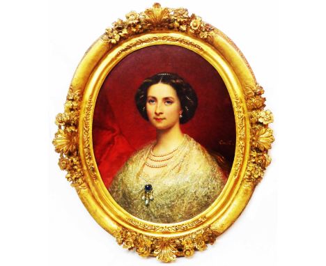 Court: an ornate gilt framed oval oil on canvas portrait of a Victorian lady wearing a lace shawl pearl necklaces - signed - 