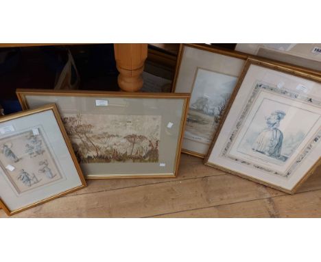 A gilt framed vintage watercolour depicting a herdsman and cattle - signed - sold with two fashion prints and an embroidery p