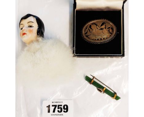 A Grand Tour white metal sphinx brooch and a '9ct' mounted green hardstone and seed pearl bar brooch - sold with an Art Deco 