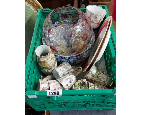 A crate containing a quantity of glass and ceramic items including Chinese canton vase, Dresden part coffee set, etc.