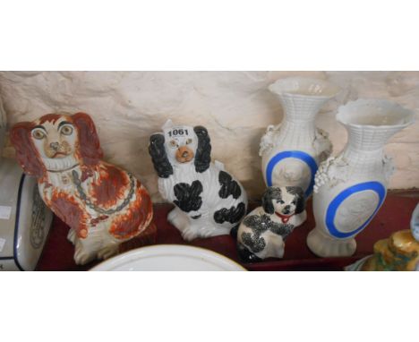 A small quantity of assorted ceramic items comprising two 19th Century Staffordshire comforter Spaniels, a smaller later simi