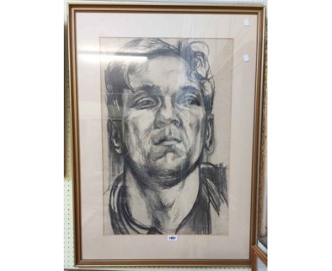 Dudley Holland: a gilt framed vintage charcoal portrait of a man's head - 74cm X 49cm