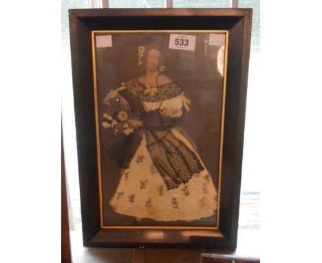 An ebonised framed Victorian mixed media mourning portrait of a woman, cut out from a monochrome engraving with applied texti