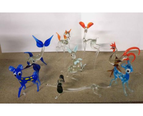 Eight vintage glass lampwork animal figurines including Kangaroo, Dachshund, etc.