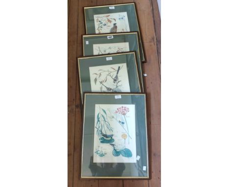 Majorie Blaney: a set of four framed coloured bird study and their wild food prints - sold with a framed vintage Peter Scott 