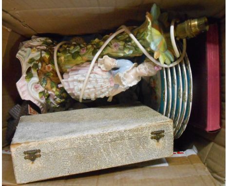A box containing a quantity of assorted ceramic and other collectable items including six 19th Century flower decorated plate